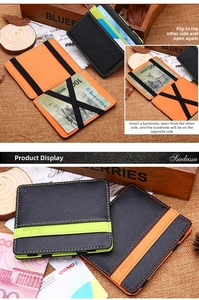 Detail of magic flip wallet featuring orange and green contrast interior and elastic straps