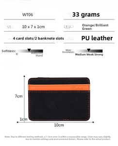 Detailed view of slim magic wallet showing 10x7x1cm dimensions and PU leather texture