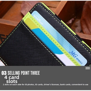 Detail of magic wallet with four card slots and vibrant green stitching on black leather