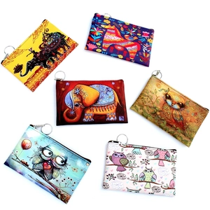 Cartoon printed mini wallets with owl and elephant patterns, featuring metal keyrings