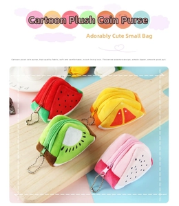 Detail of plush fruit coin purses with metal bead chains and smooth zipper closure