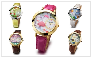 Detail showing colorful MILER leather watches with creative illustration patterns on dials