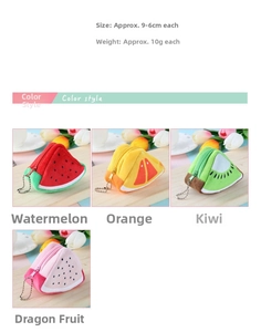 Detailed plush fruit pouches including watermelon and orange with size measurements