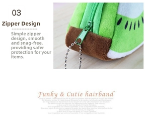 Close-up of kiwi plush coin purse featuring a durable zipper and metal ball chain