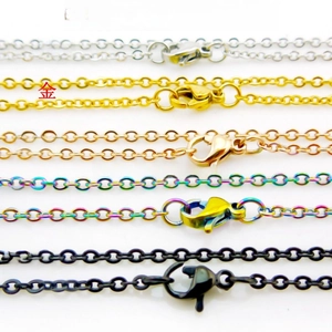Detail of O-shaped metal jewelry chains with lobster clasps in five various plating colors
