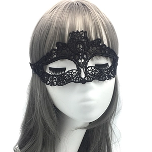 Detailed view of black lace eye mask with intricate floral patterns on mannequin head