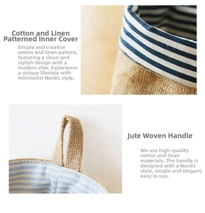 Detail of linen wall organizer featuring blue striped lining and durable jute handles