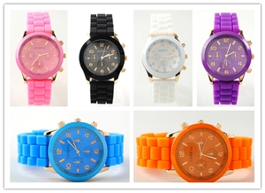 Collage of colorful silicone quartz watches in pink, black, white, purple, blue, and orange