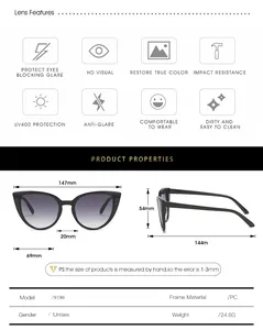 Size chart showing PC frame cat eye sunglasses dimensions and UV400 protection features