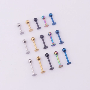 Set of 15 vacuum plated 316L stainless steel labret studs in five assorted vibrant colors