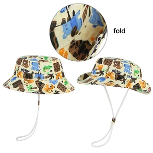 Detail of children's safari sun hat showing the animal print and foldable brim feature
