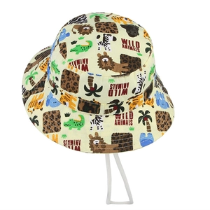 Kids cartoon animal sun hat in beige cotton fabric with adjustable windproof chin strap