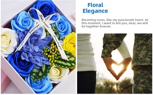 Detail of soap flower gift box with blue roses, carnations, and Just for you ribbon