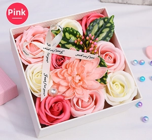 Pink and white soap flower bouquet in a gift box with a Just For You ribbon detail