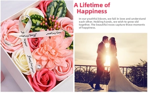 Close-up of pink and cream soap flower gift box with elegant Just for you ribbon