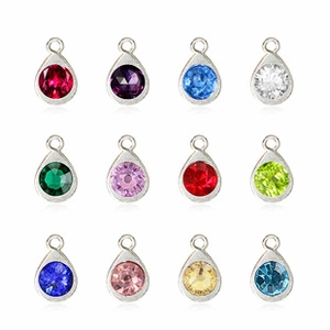 Set of 12 multi-colored teardrop crystal charms with silver alloy settings for DIY jewelry