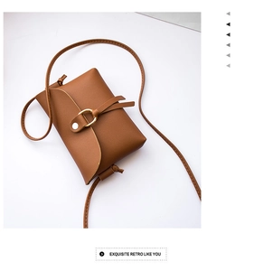 Primo piano di una mini borsa a tracolla marrone vintage con elegante fibbia dorata