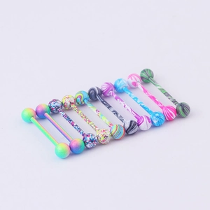 Set of 10 colorful patterned stainless steel tongue rings with vibrant marble finish