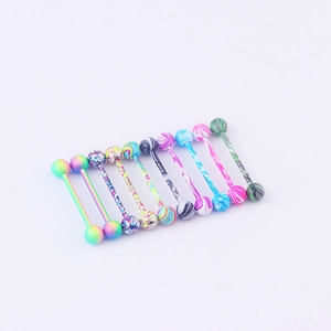 Set of 10 colorful stainless steel tongue rings with marbled water pattern paint