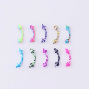 Set of 10 colorful acrylic curved eyebrow rings with spiked ends and spiral patterns