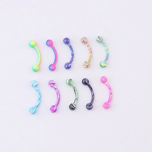Set of 10 colorful patterned stainless steel eyebrow rings with marble effect balls