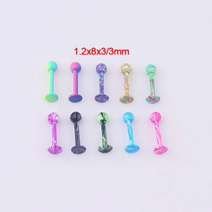 Set of 10 colorful marble pattern lip studs 1.2x8x3mm in polished stainless steel