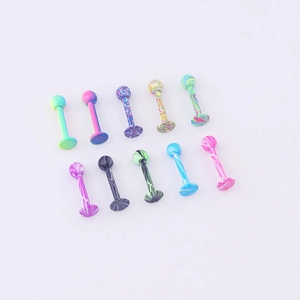 Set of 10 colorful patterned stainless steel lip and ear studs with marbled swirl designs