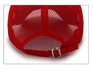 Close-up of red mesh sun hat showing breathable fabric and adjustable silver metal buckle