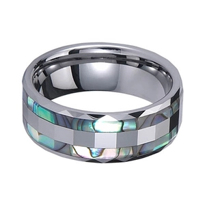Polished tungsten ring featuring double-groove facets and colorful abalone shell inlays