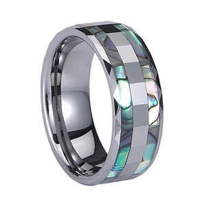 Silver tungsten ring with faceted diamond cut edges and colorful abalone shell inlay