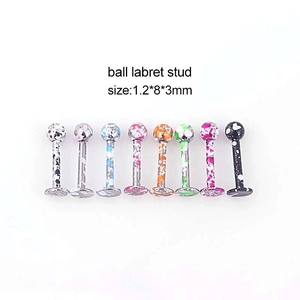 Set of 8 colorful splash pattern stainless steel ball labret studs in size 1.2x8x3mm