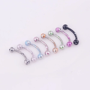 Set of 8 colorful curved barbell eyebrow rings in glitter and patterned finishes
