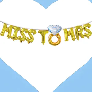 Golden 16 inch Miss to Mrs foil balloon set with diamond ring for wedding decor
