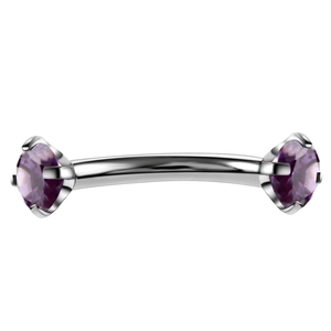 Macro view of curved stainless steel barbell with double purple zircon gemstones