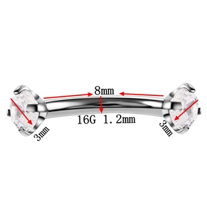 Macro detail of 1.2mm curved barbell eyebrow ring with 3mm cubic zirconia gems