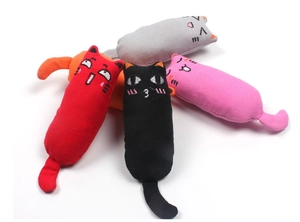 Detail of five durable canvas catnip toys in various colors with embroidered facial expressions