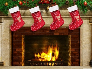 Christmas stockings with deer pattern hanging on a festive fireplace mantel decor