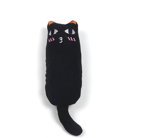 Detail of cute black cotton cat toy with catnip, featuring orange ears and embroidery