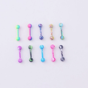 Set of 10 colorful stainless steel tongue rings with galaxy and graffiti patterns