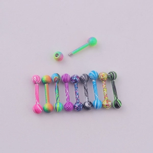 Colorful marble pattern acrylic tongue rings set with durable stainless steel bars