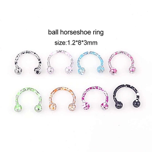Set of eight 1.2x8x3mm colorful patterned horseshoe rings for nose and ear piercing