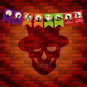 Halloween party banner featuring pumpkin, ghost house, and witch designs on red brick wall