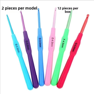 Detail view of colorful crochet hooks set with sizes from 2.5mm to 5.0mm and soft grips