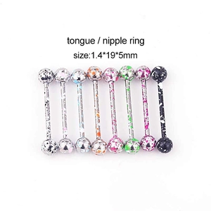 Set of 8 colorful speckled stainless steel tongue and nipple rings in size 1.4x19x5mm