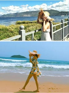 Detail of frayed edge straw sun hat with long brim for summer beach vacations