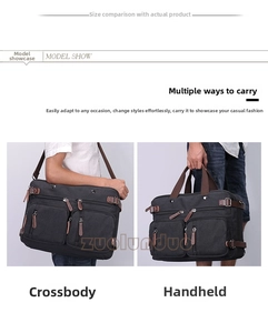 Detailed views of versatile black canvas briefcase used as crossbody bag and handbag