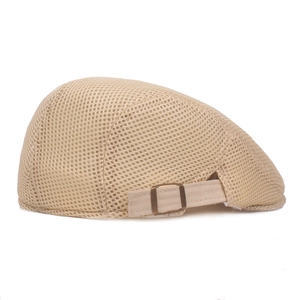 Beige breathable mesh beret cap for men with adjustable metal buckle closure