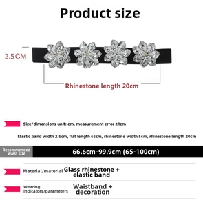 Size chart for 2.5cm elastic waist belt featuring four sparkling rhinestone flowers