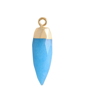 Macro detail of sky blue natural agate teardrop pendant with faceted crystal and gold metal cap