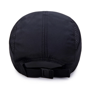 Quick-dry black outdoor sport cap with breathable mesh sides and adjustable buckle closure